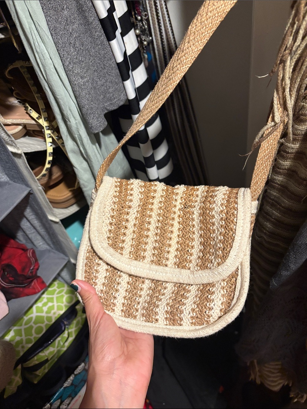 Woven Crossbody Shoulder Bag in Beige and Tan